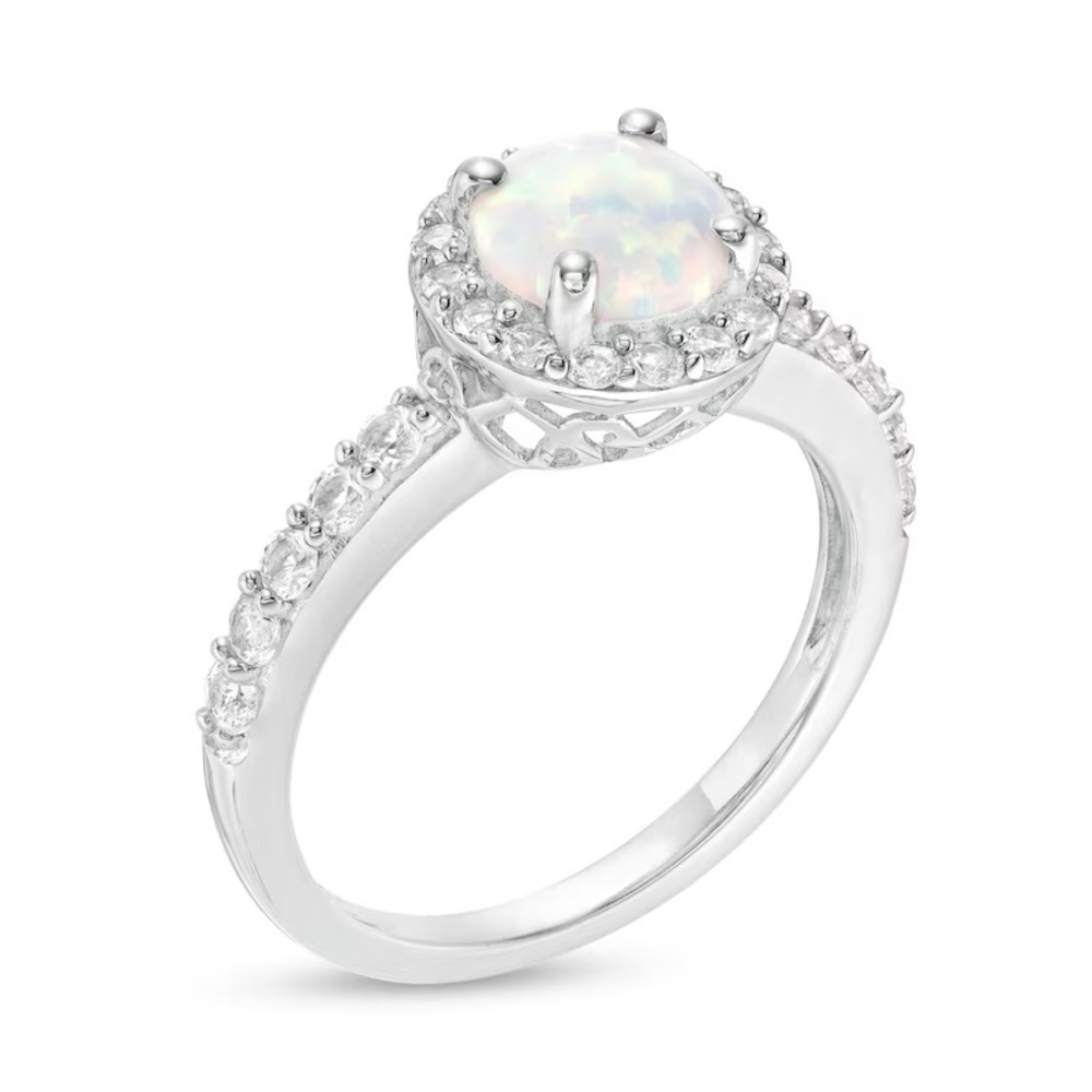 Zales Sterling Silver Opal Halo Ring White Sapphire Lab Opal Bridal - Picture 2 of 14